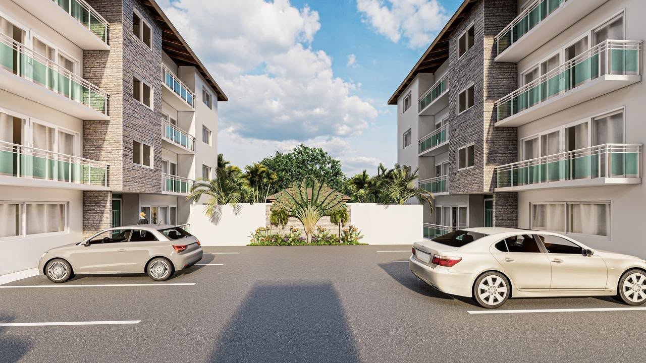 Edificios residenciales modernos con aparcamiento y jardines