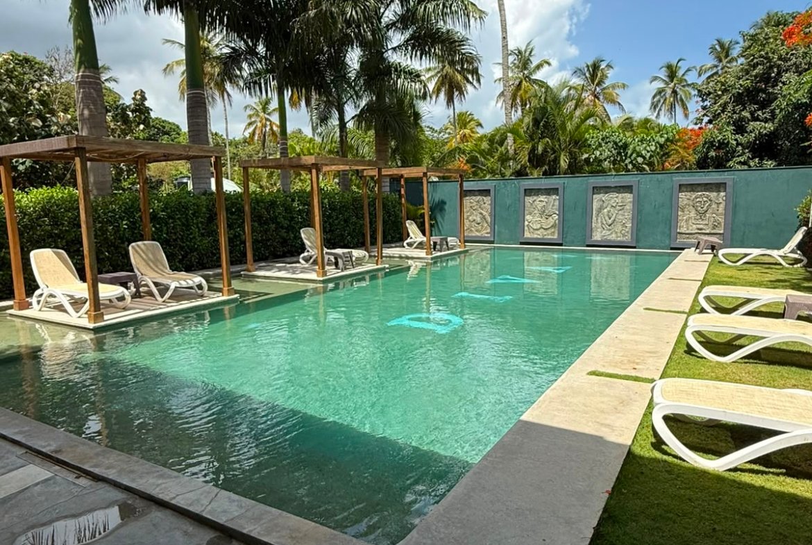 Piscina tropical con tumbonas y palmeras