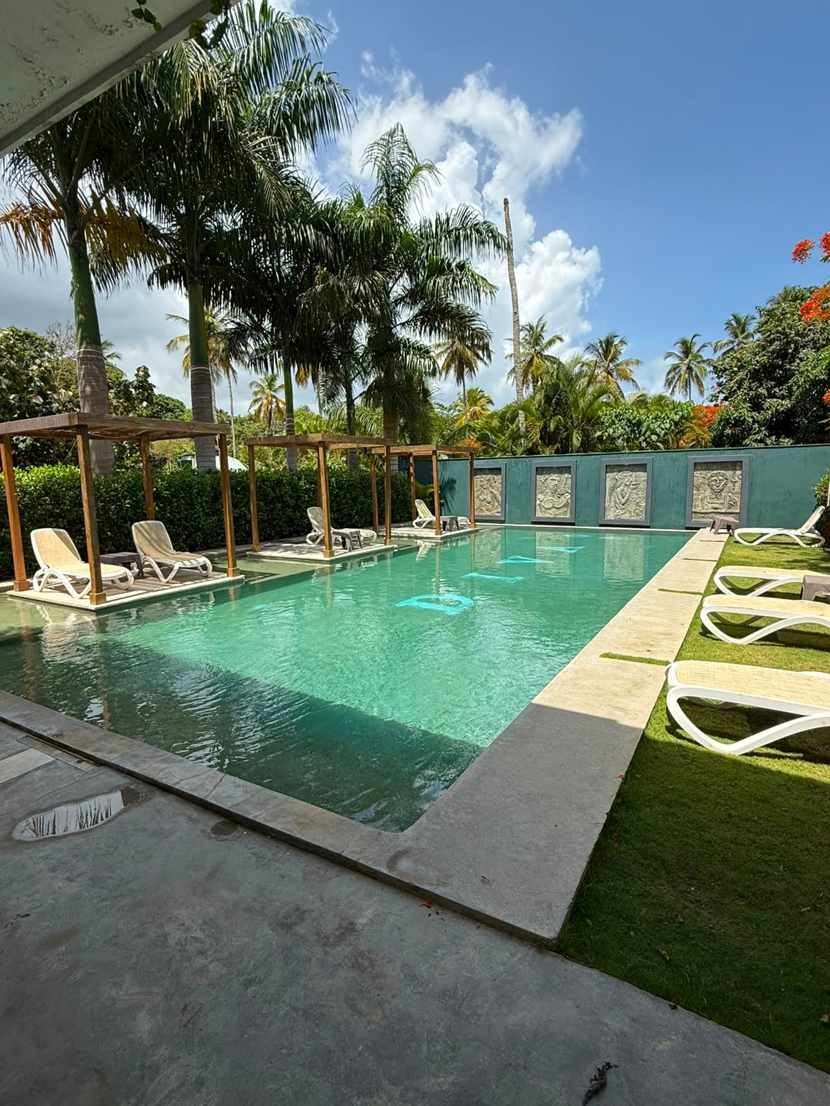 Piscina tropical con tumbonas y palmeras