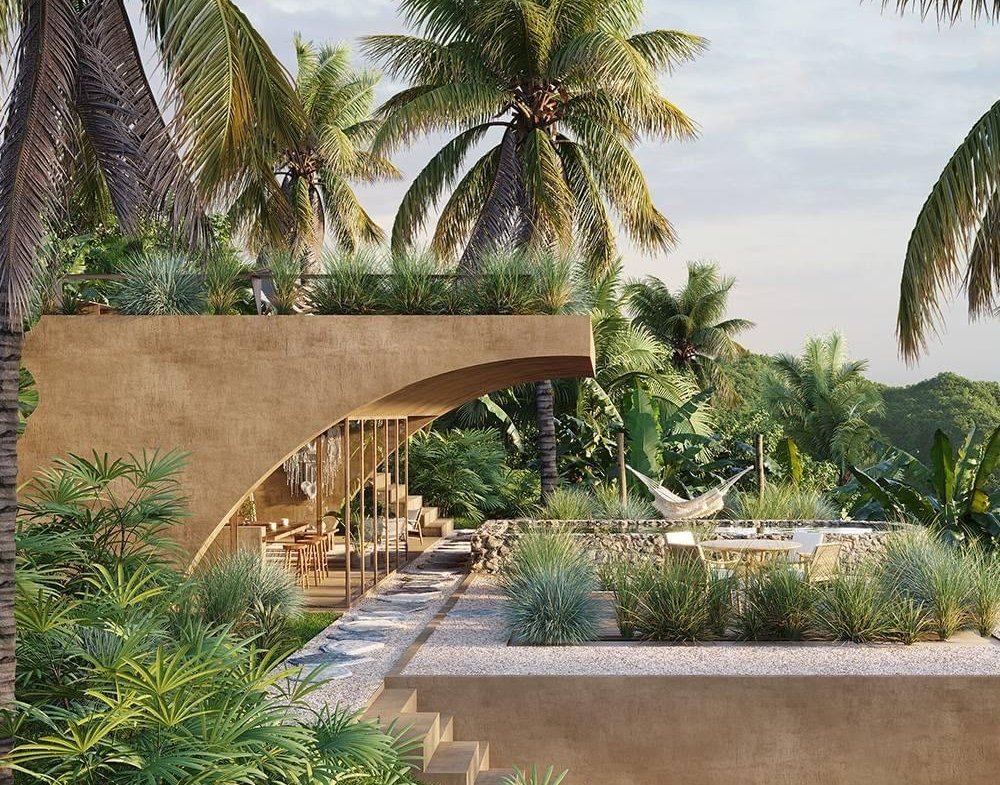 Casa moderna tropical rodeada de palmeras exuberantes