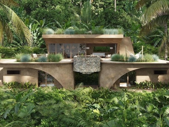 Modern house in the heart of a lush tropical jungle