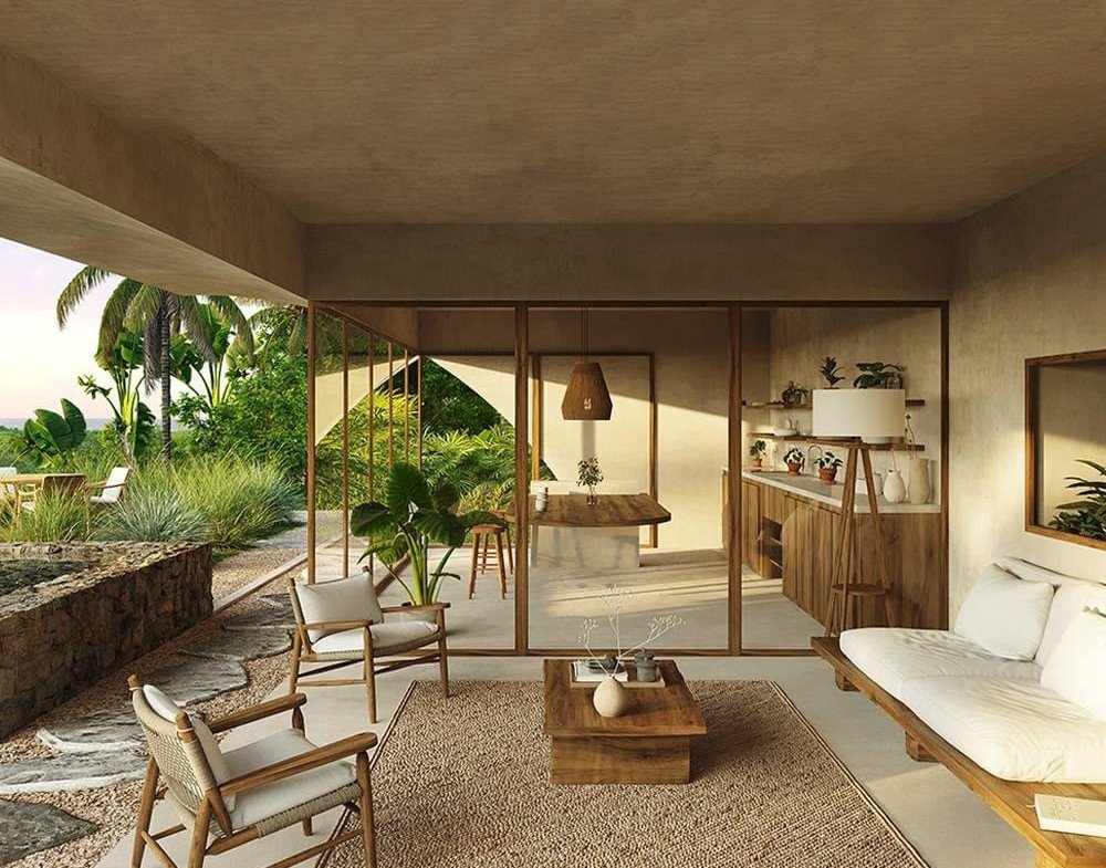 Salón moderno abierto con jardín tropical y madera