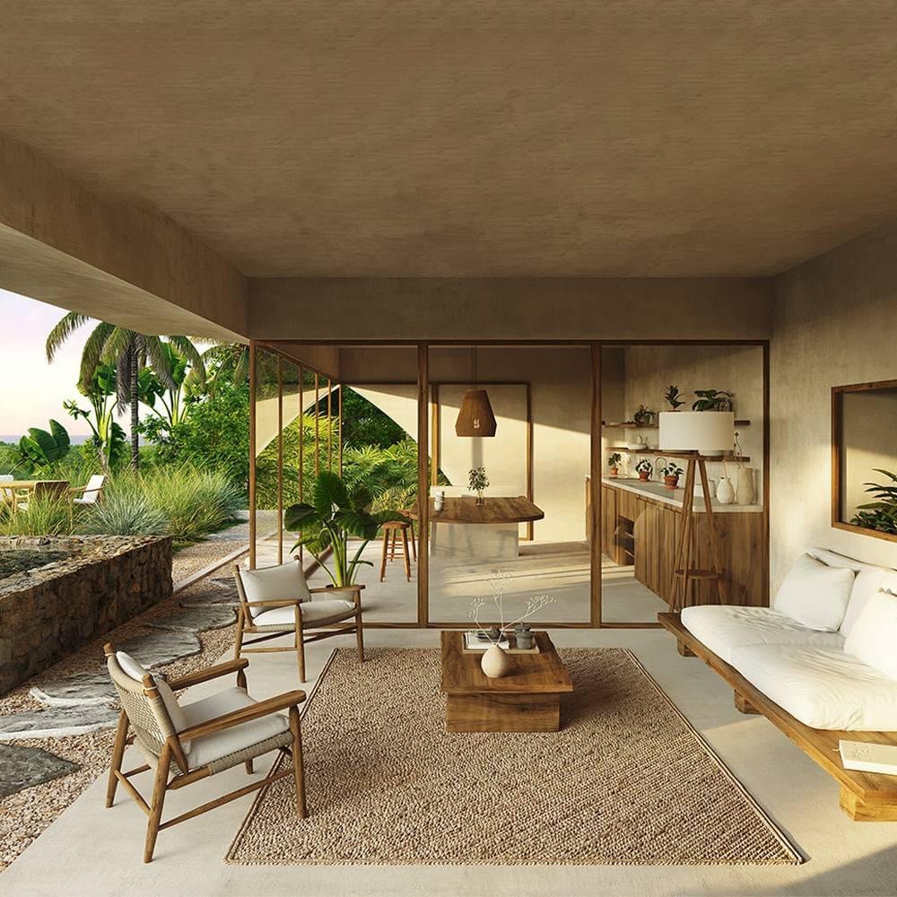 Villa Valkiria (5) Salón moderno abierto con jardín tropical y madera