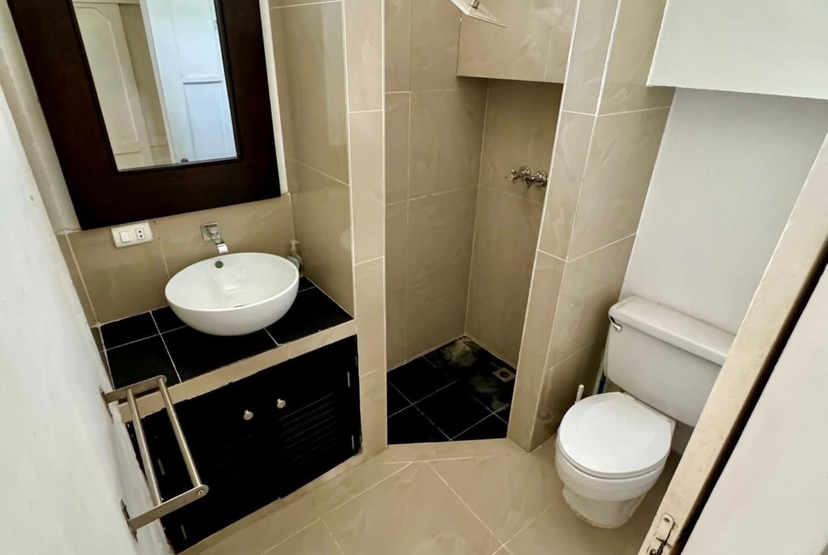 Baño pequeño con ducha, lavabo y WC modernos