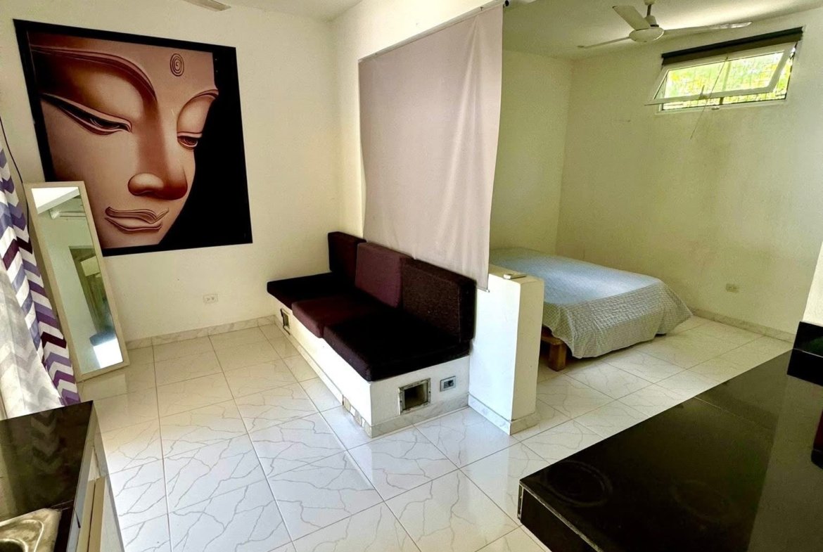 Estudio luminoso con cama elevada y cuadro budista