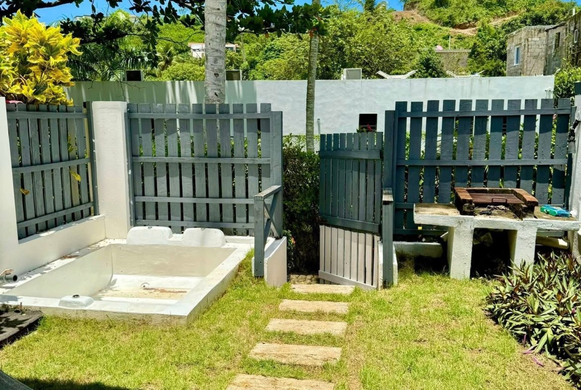 Jardín soleado con valla gris y barbacoa