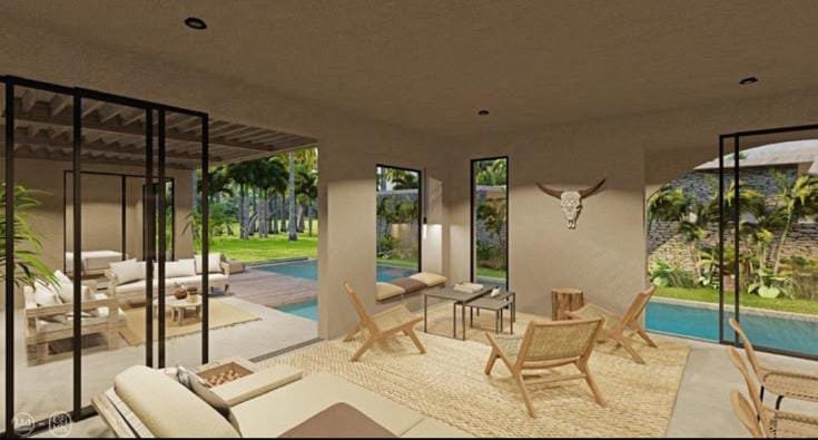 Salón moderno abierto con vistas a piscina