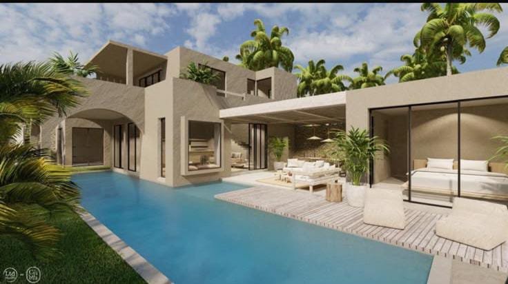 Villa moderna con piscina y jardín tropical