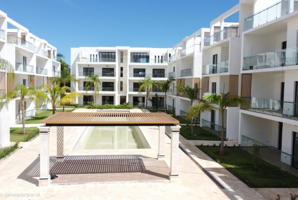 Complejo residencial moderno con piscina, pérgola y palmeras