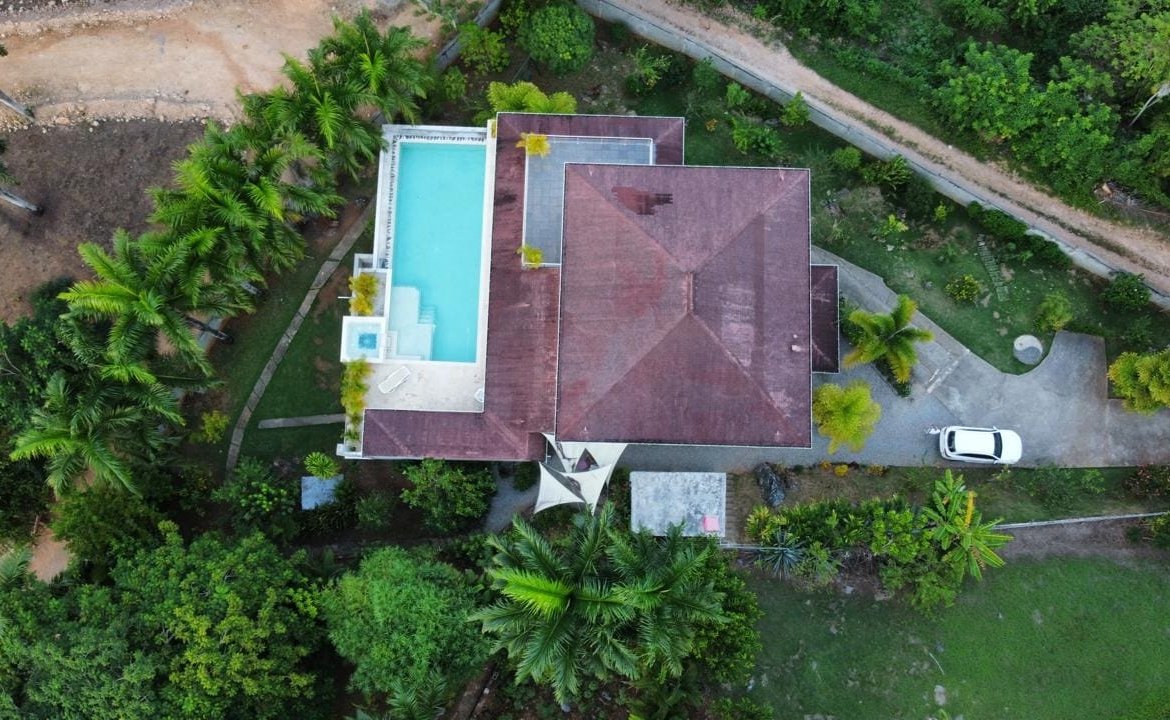 Vista aérea de villa con piscina entre palmeras