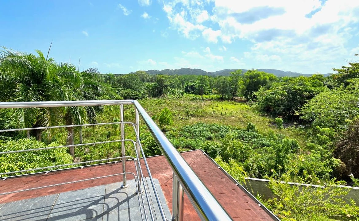 Vistas tropicales desde terraza con barandilla metálica