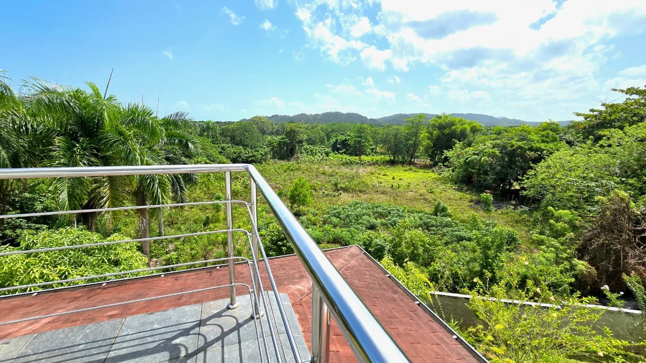 Villa en el limon (17) Vistas tropicales desde terraza con barandilla metálica