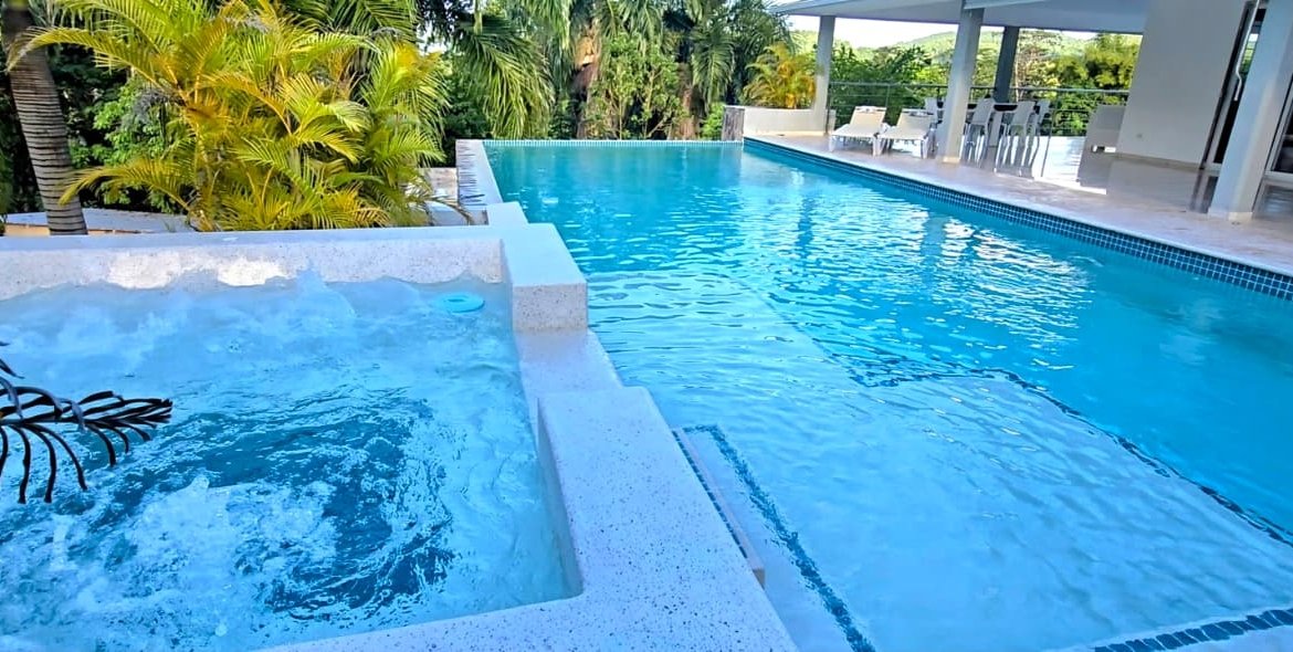 Piscina moderna con jacuzzi rodeada de palmeras