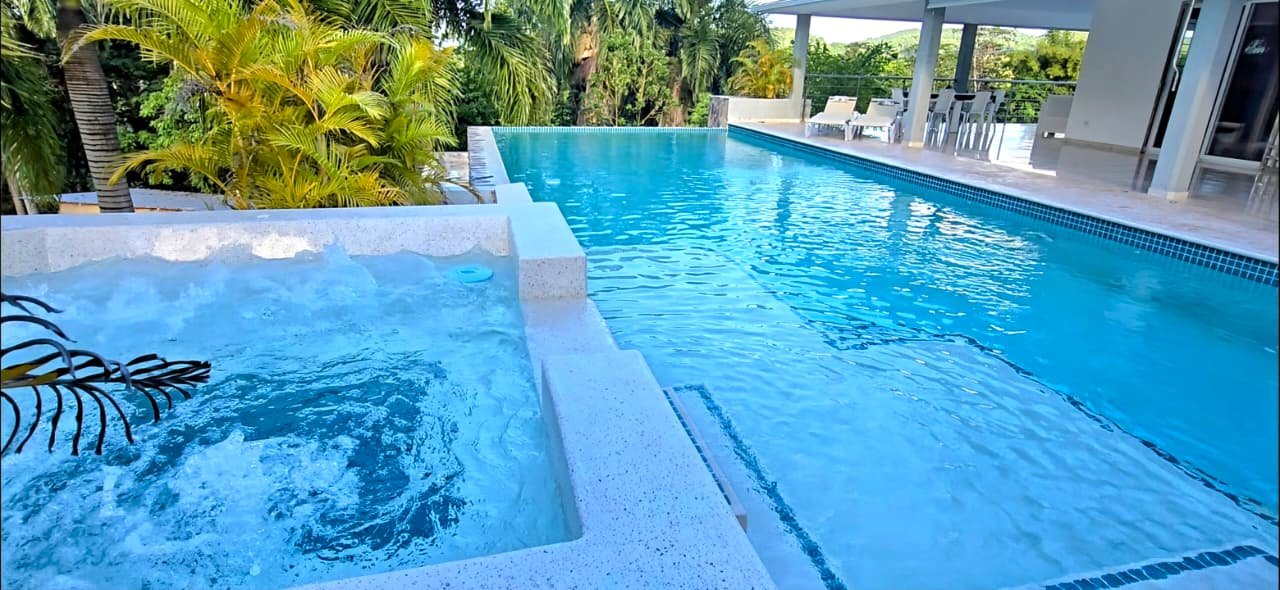 Villa en el limon (4) Piscina moderna con jacuzzi rodeada de palmeras