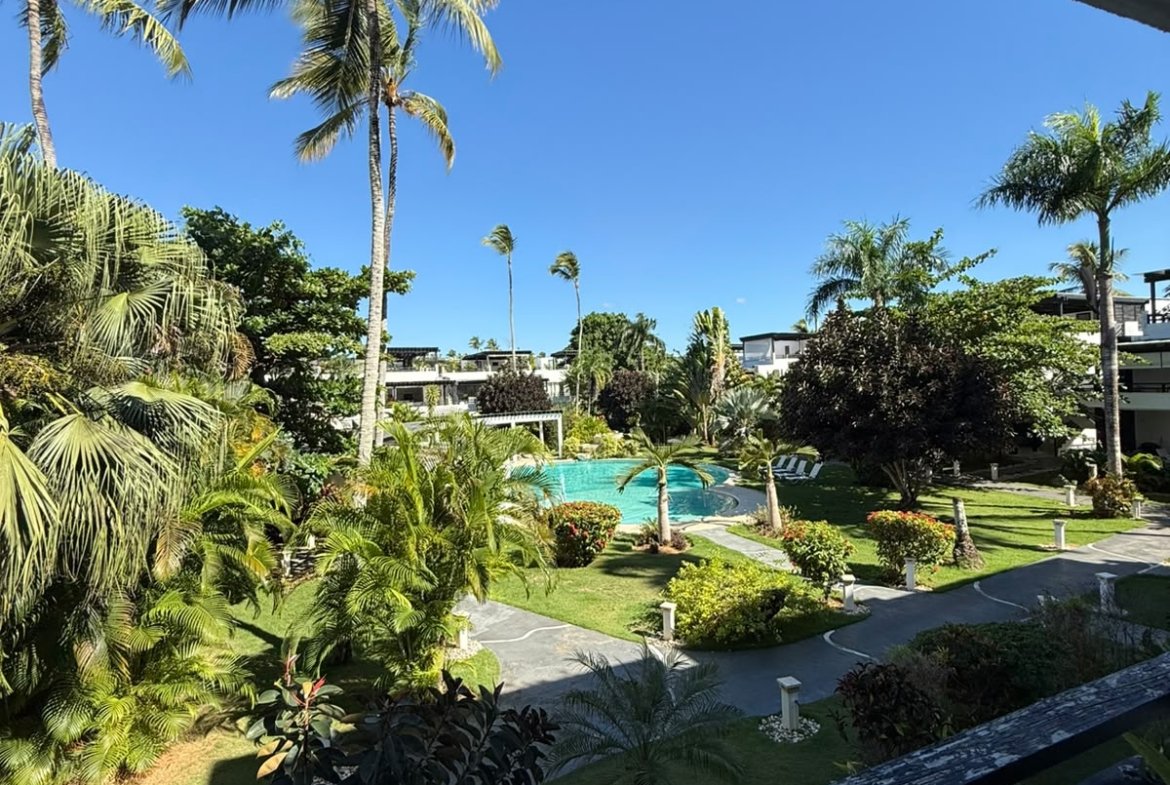 Jardín tropical con palmeras y piscina bajo cielo azul