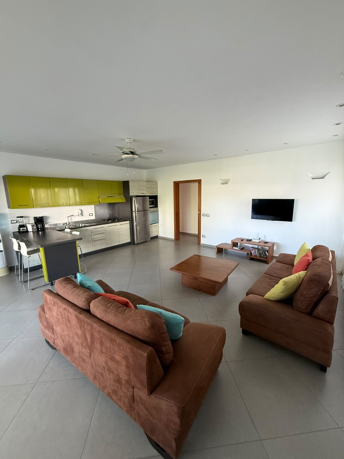 Apartamento Aligio (20 Salón diáfano con cocina abierta, sofás marrones y televisión