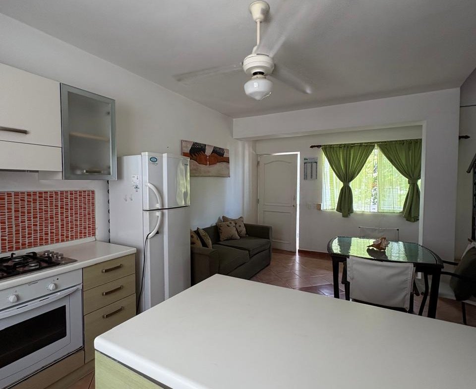 Cocina abierta con isla, salón y comedor luminoso