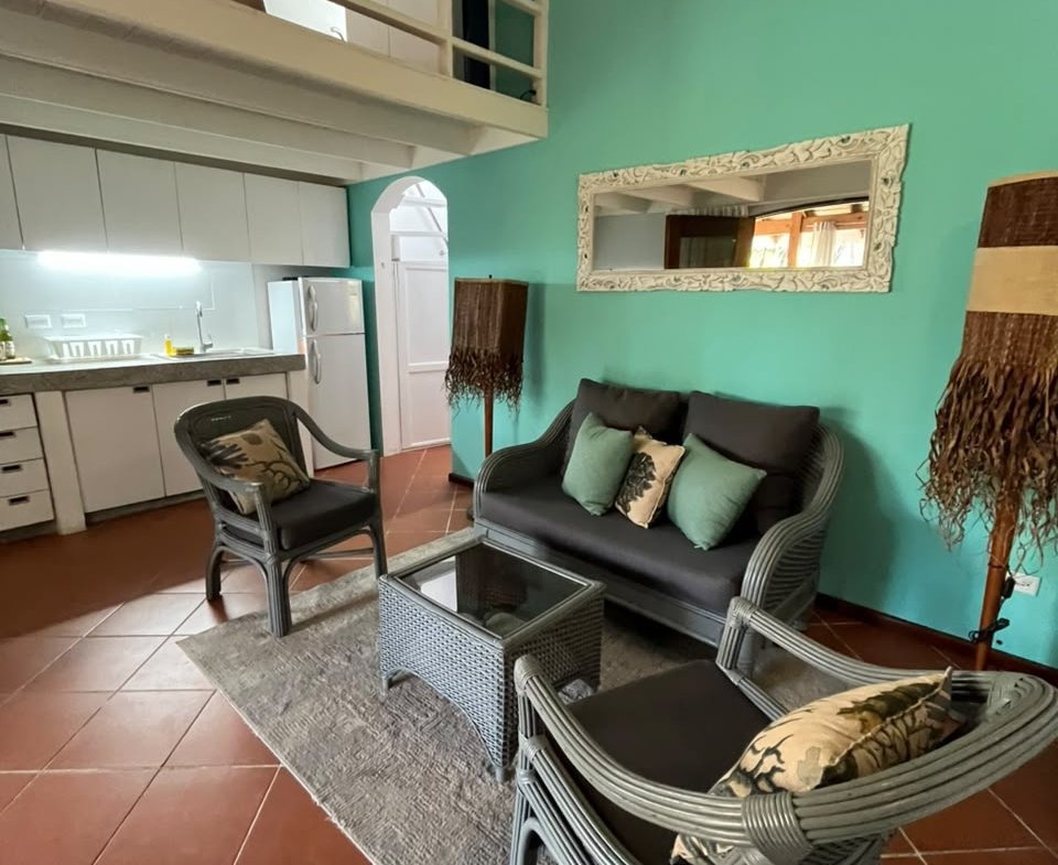 Salon turquoise avec mezzanine, kitchenette et mobilier en rotin