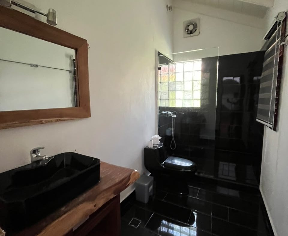 Salle de bains moderne noire avec vasque en bois