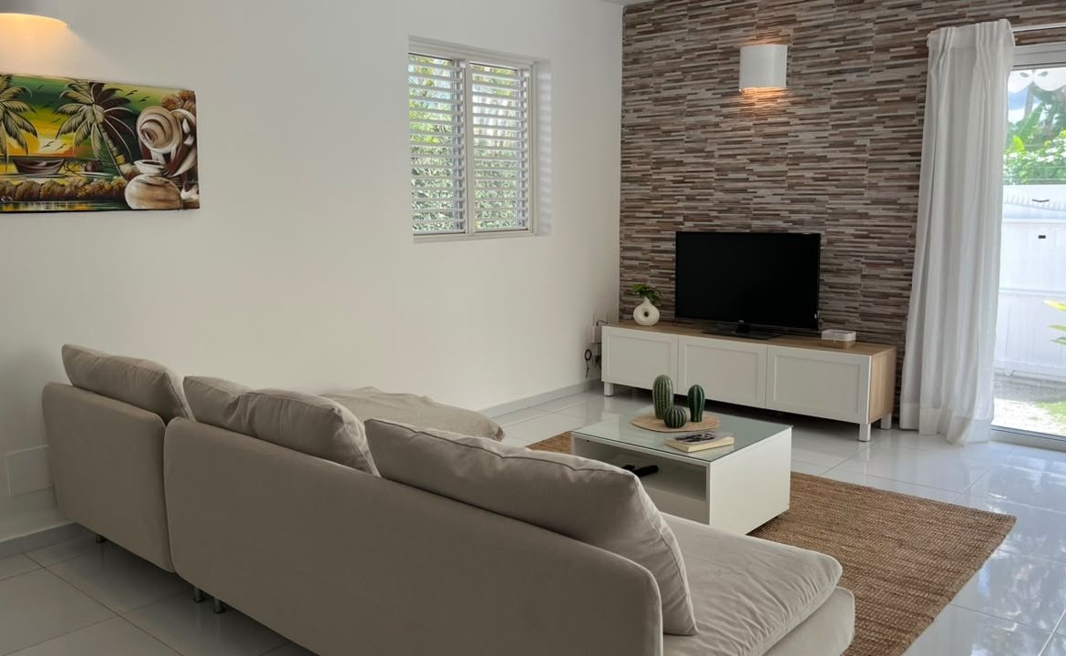 Salón luminoso con sofá, televisión y decoración tropical
